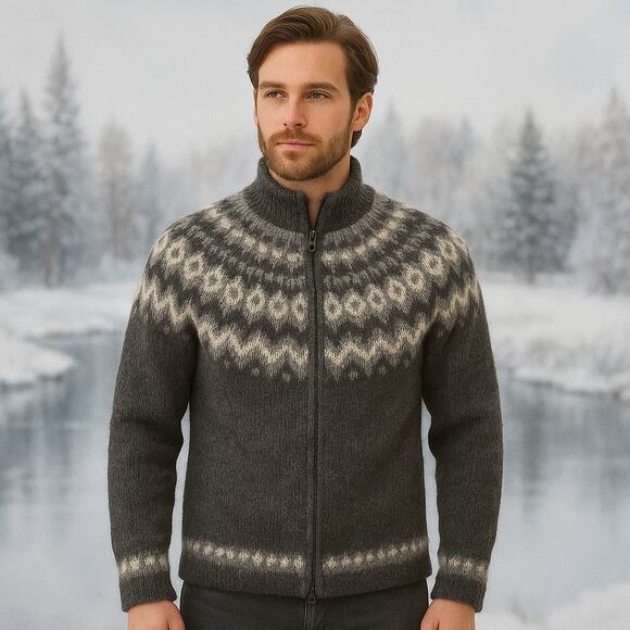 Handknitting Association of Iceland Wool Sweater – Gray & Black – 2-Way Zip - Picture 4 of 7